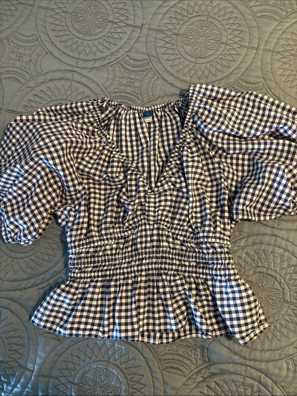 Old Navy Navy and White Gingham Peplum Blouse